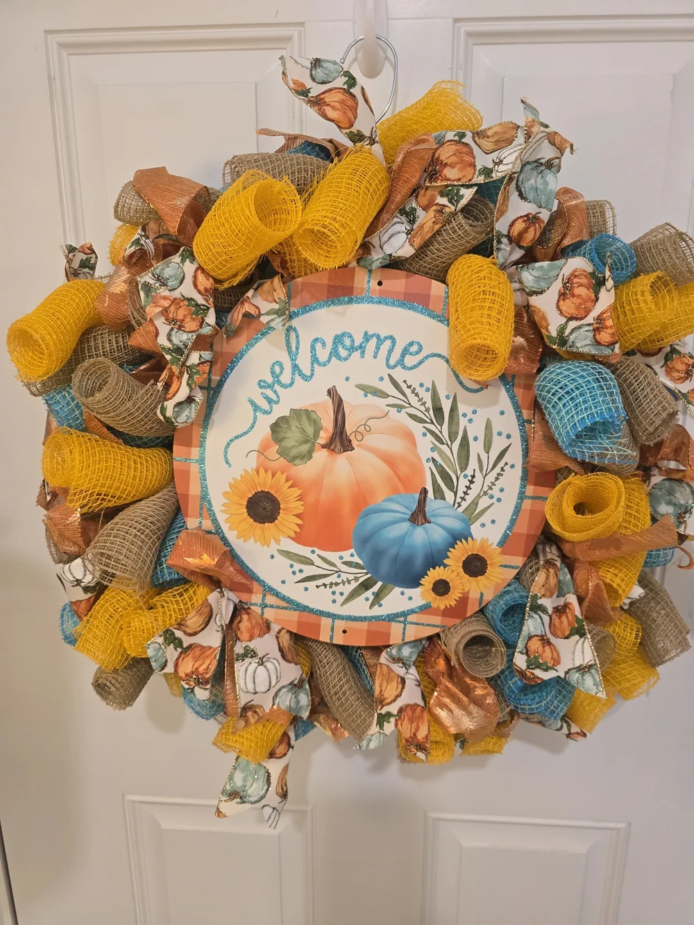 Welcome Pumpkin Sunflower Fall Wreath in Orange, Yellow & Blue